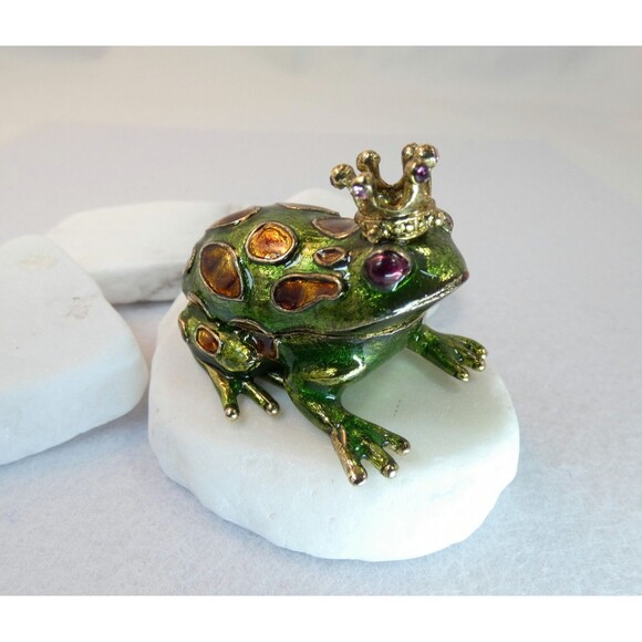 Two Pewter Enamel Rhinestone Frog Trinket Treasure Boxes Umbrella Monet Gift - Picture 3 of 7